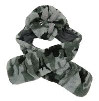 Šedo-černá army plyšová čepice se šálou s rukavicemi - dinosaurus George