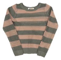 Sivo-svetloružový pruhovaný ažurový pletený sveter H&M
