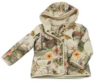 Smotanová prešívaná šušťáková zateplená bunda s koníky a motýlikmi a stromčekmi  a kapucňou Next