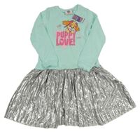 Nové - mátovo-stříbrné teplákovo/plisované šaty s PAW PATROL - Skye nickelodeon