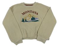 Béžová rebrovaná plyšová oversize crop mikina s horami a lesy a nápisom PRIMARK