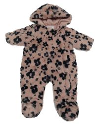 Pudrovo-čierna vzorovaná kožušinová zateplená kombinéza s kapucňou F&F