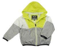 Šedo-bílo-křiklavě žlutá šusťáková jarní bunda s nápisem a kapucí C&A