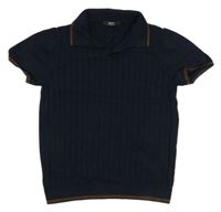 Tmavomodré žebrované pletené polo tričko s pruhy Next