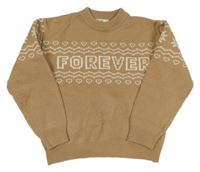 Svetlohnedý pletený crop sveter s nápisom a vzorom a srdiečkami H&M