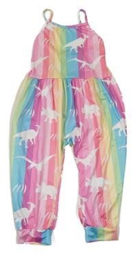 Farebný pruhovaný nohavicový culottes overal s dinosaurami