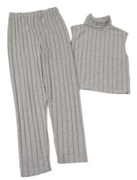 2Set - Sivé melírované rebrované úpletové kalhoty + crop top s rolákom SHEIN