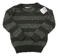 Nové - tmavokhaki-biely pruhovaný melírovaný rebrovaný vlnený sveter PRIMARK