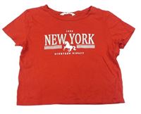 Červené crop tričko s pruhmi a jednorožcom H&M
