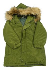 Khaki šušťáková zateplená parka s kapucňou s kožešinou Shein