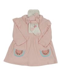 Nové - 3set - Ružové rebrované šaty s vreckami s melouny + čelenka + biele ponožky s třešněmi