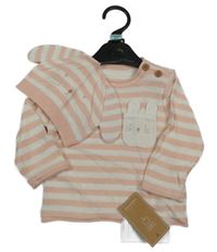 Nové - 2set - Růžovo-bílý pruhovaný lehký svetr s kapsou s králíkem + čepice Mothercare