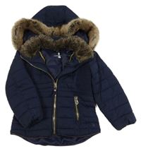 Tmavomodrá šusťáková zimní bunda s kapucí s kožešinou Joules