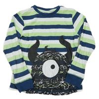 Tmavomodro-zeleno-bílé pruhované triko s příšerkou Lily & Dan