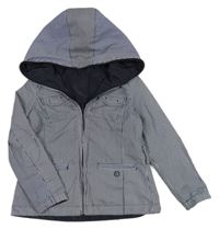 Tmavomodro-biela pruhovaná šušťáková jarná obojstranná bunda s kapucňou