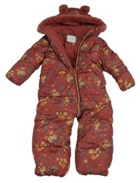 Tmavoružová kvetovaná šušťáková zimná kombinéza s kapucňou Next