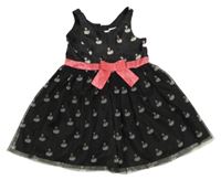 Čierne tylové šaty s labuťami  a ružovou mašlou H&M