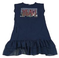 Tmavomodré teplákové šaty s nápisem z flitrů a tylovým volánkem 