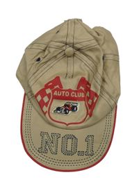 Béžovo-červená plátěná kšiltovka s nápisem a formulí 