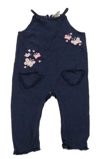 Tmavomodrý bavlněný kalhotový overal s výšivkami motýlků Topomini