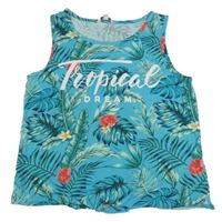 Tyrkysový crop top s listy a nápisem 