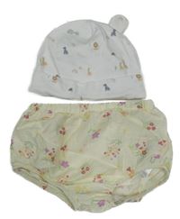 2 set - bílá čepice se zvířátky + žluté kalhotky pod šaty s květy 