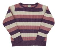 Bielo-ružovo-fialový pruhovaný rebrovaný žinylkový sveter