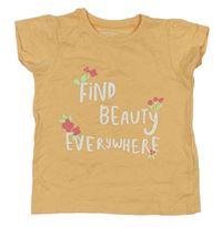 Marhuľové tričko s nápisom a kvetmi Primark