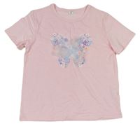 Svetloružové tričko s motýlom a sieťovinou Shein
