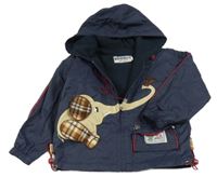 Tmavomodrá šušťáková jarná bunda so slonom a kapucňou