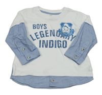 Bielo-modré tričko s nápismi a košilovými prvky a Donaldem Disney