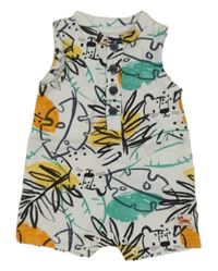 Bielo-čierno-farebný kraťasový overal s listami a zvieratkami Nutmeg