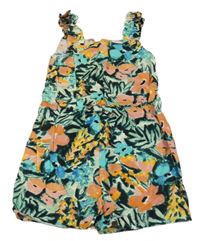 Tmavozeleno-ružovo-modrý kvetovaný kraťasový overal Primark