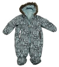 Modro-čierna šušťáková zimná kombinéza s medveďmi a kapucňou Nutmeg