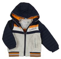 Tmavomodro-sivo-oranžová teplákovo/šusťáková zateplená bunda s nápisom a kapucňou Dopodopo