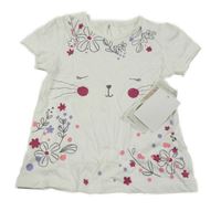 Nové - biele tričko so zvieratkom a kvetinami C&A