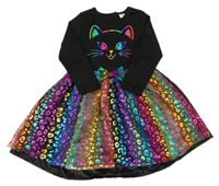 Čierne šaty s mačkou a tylovou vzorovanou barevnou sukní zn.