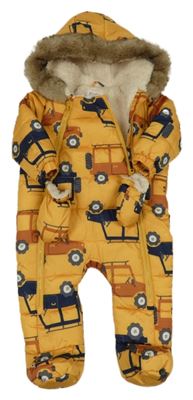 Žltá šušťáková zimná kombinéza s autami a kapucí + rukavice zn. F&F