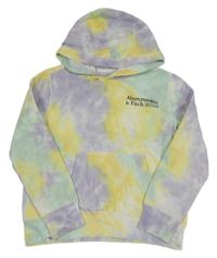 Lila-žlutá batikovaná mikina s nápisem a kapucí Abercrombie&Fitch