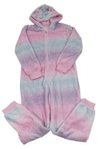 Lila-světlemodro-růžová chlupatá kombinéza s kapucí - jednorožec George