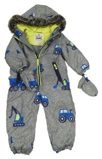 Sivá šušťáková zimná kombinéza so autami a kapucí + rukavice F&F