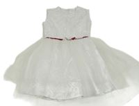 Bílé slavnostní šaty s květy a tylovou sukní a mašlí 