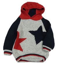 Šedo-tmavomodro-červený svetr s hvězdami a kapucí Next