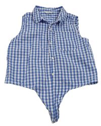 Modro-bílá kostičkovaná crop halenka s uzlem Primark 
