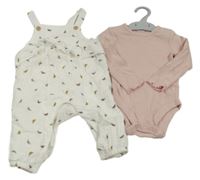 Nové - Bílé mušelínové laclové kalhoty s motýly + světlerůžové body F&F
