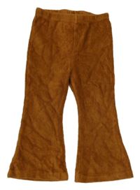 Skořicové zamatové rebrované zvonové teplákové nohavice