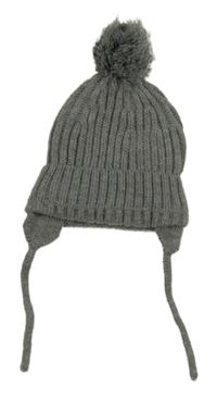 Šedá pletená žebrovaná podšitá čepice s bambulí