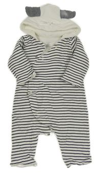 Bílo-tmavomodrá pruhovaná bavlněná zateplená kombinéza s kapucí Petit Bateau