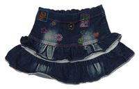 Tmavomodrá rifľová vrstvená sukňa s výšivko