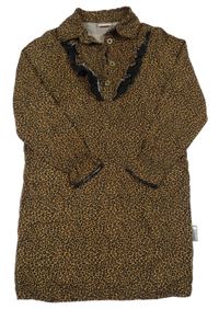 Hnedo-čierne vzorované šaty s límekem a volánikmi Vinrose